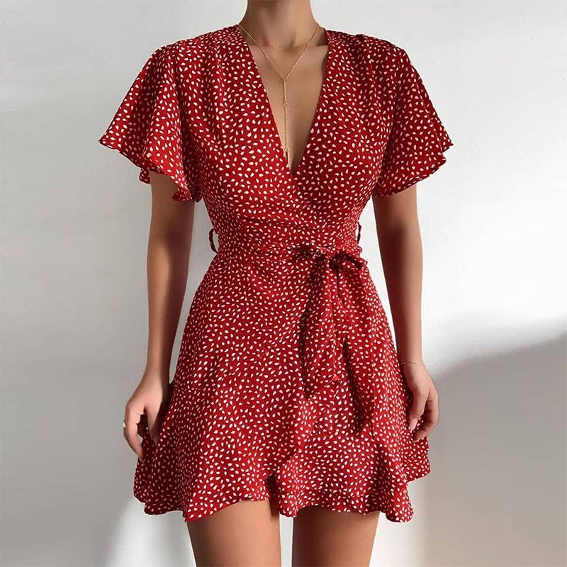 Summer Women Dress Butterfly Sleeve Polka Dot Floral Print V Neck High Waist Sashes Dress Vintage Female Mini Red Vestidos 2021