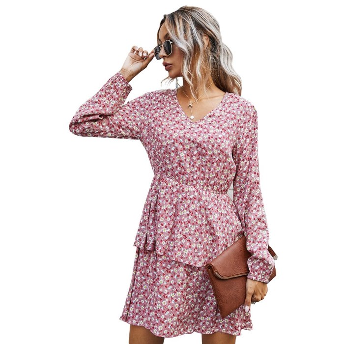 2021 Spring Summer Printing Women Dress Above Knee Outfits Elegant Flower Mini Dresses V-Neck Long Sleeve Women Clothing