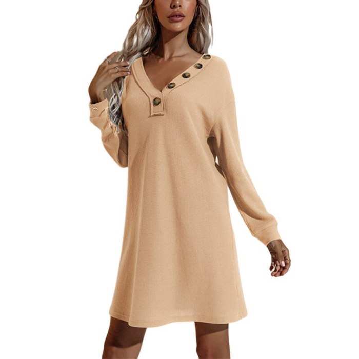 Women'S Autumn Winter European American Clothes Casual Dresses V-Neck Buttoned Hip Knitted Dresses