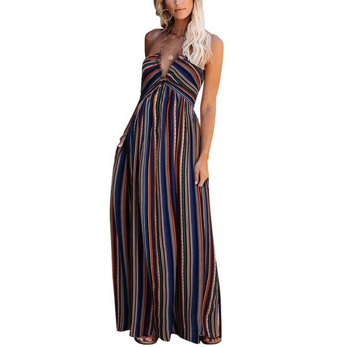 Women's Dresses Halter Strap V Neck Sling Floral Print Long Dress Bohemian Style Sleeveless Striped Elegant Beach Maxi Dress