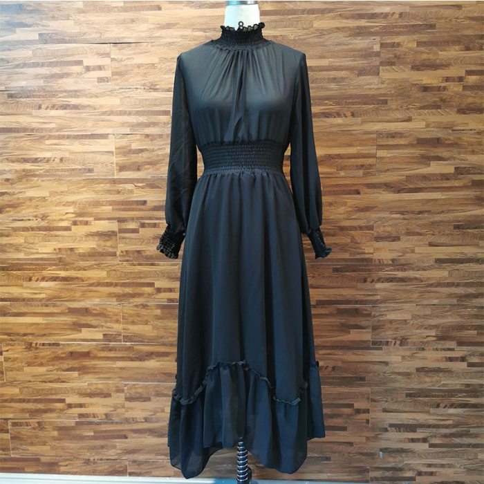 Stand Collar Black Dress Elegant Korean Fashion Pullover One Piece Long Sleeve High Waist Large Ruffle Maxi Dresses