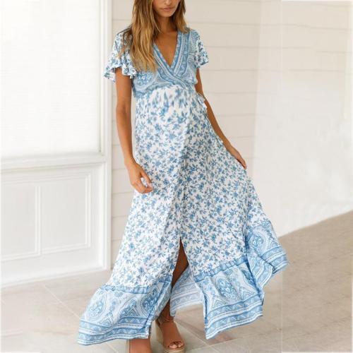 Maternity Printed With Short Sleeves Casual Long Dress