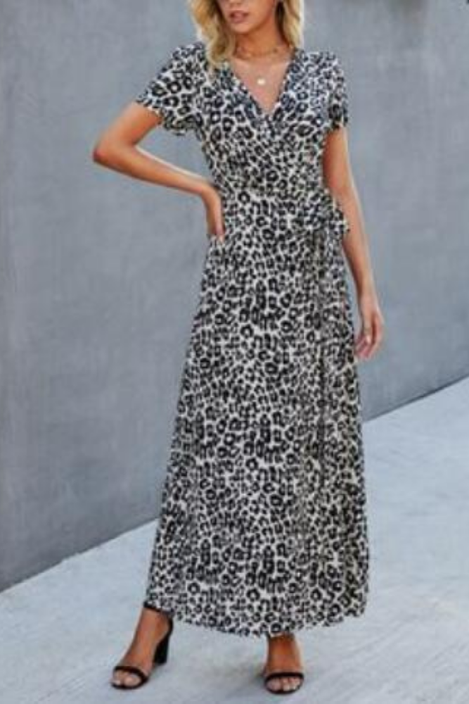 Women Long Polka Dot Party Dress Ladies Elegant Boho Floor Length Maxi Leopard Dress