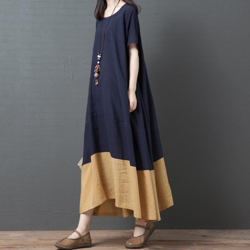 Casual Loose Color Block Short Sleeve Maxi Dress