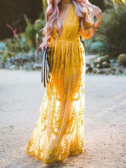 Yellow Lace V-neck Split-side Cover-up Dress