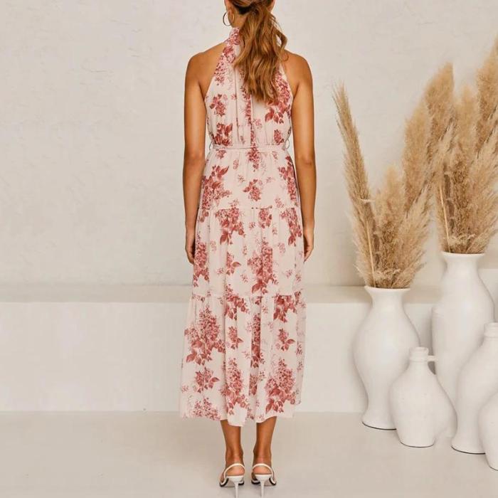 high neck layered sleeveless floral print maxi dress