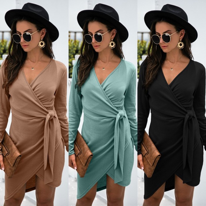 Bodycon Dress Fall 2021 New Product V-Neck Tie Long Sleeve Solid Color Irregular Dress Office Lady Slim Short Dresses Streetwear