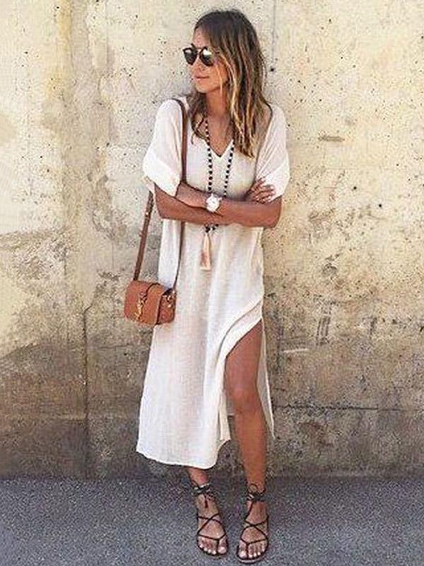 Simple Split-side V-neck Midi Dress