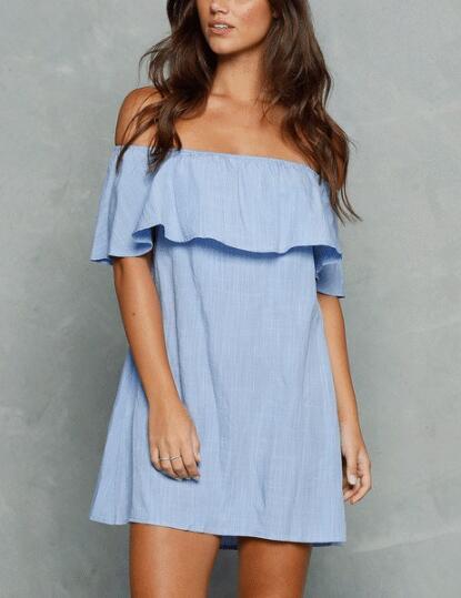 Off Shoulder Blue Mini Dress 2021 Womens Solid Summer Dresses Casual Sleeveless ladies elegant Cotton and Linen beach Dresses