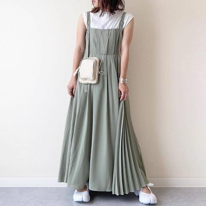 Japanese Women Long Dress Waist Pleated Maxi Dresses Suspenders Solid Color Wild Suspender Female Sling Dress Pleated Patchwork