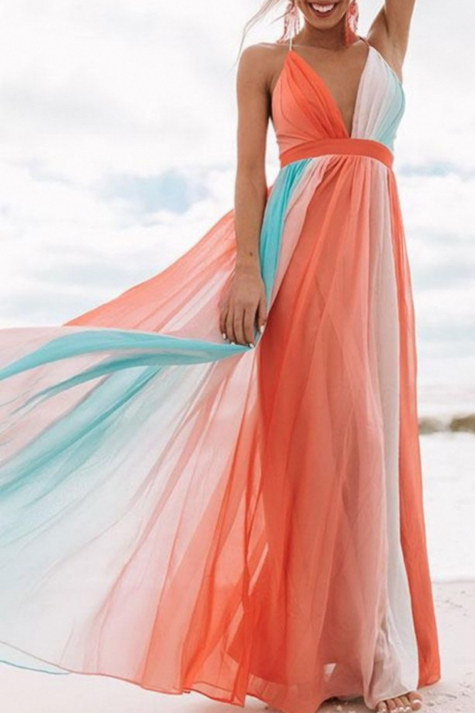 Women Dress Rainbow Patchwork Deep V Neck Bohemia Dress Sexy Long Backless Spaghetti Strap Maxi Dresses Plus Size