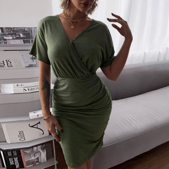 Sexy Green V Neck Spring Summer Ladies Patchwork Short Pencil Dress Knitted Short Sleeve Solid Women Bodycon Club Party Dress 2022