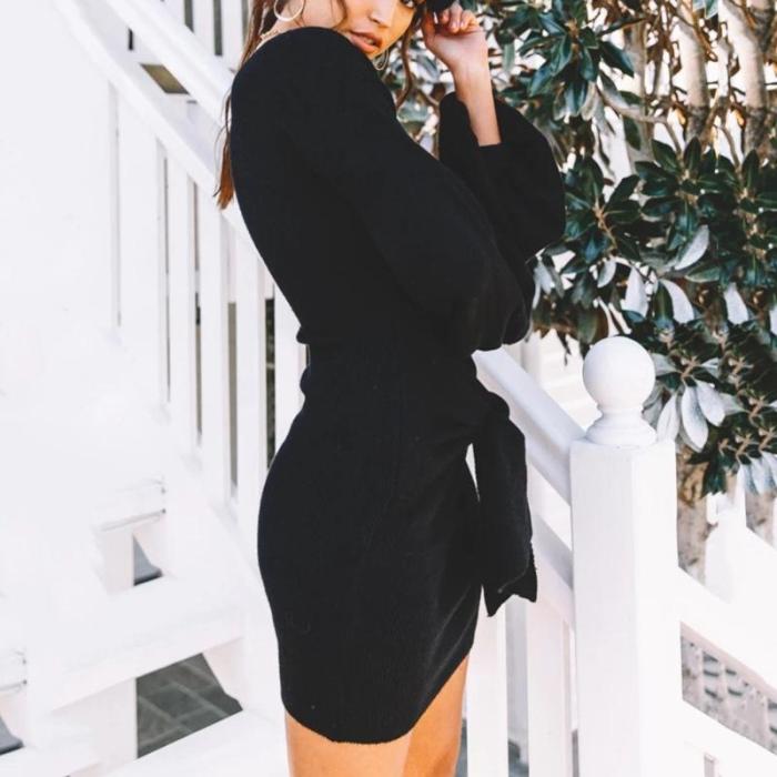 Long Sleeved And Solid V-neck Bodycon Dress
