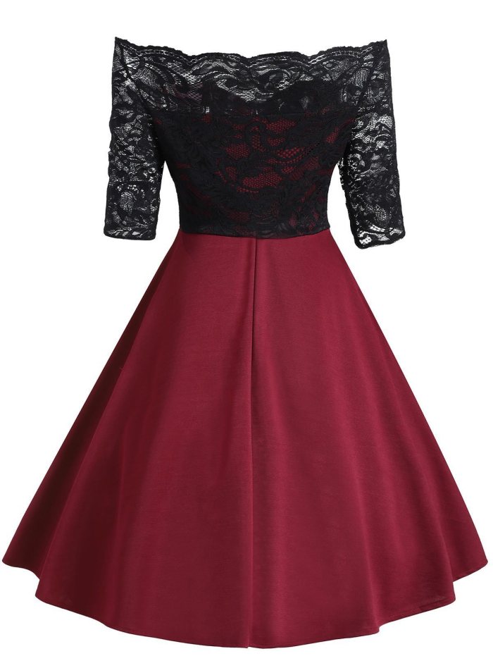 1950s Floral Lace Off Shoulder Dress