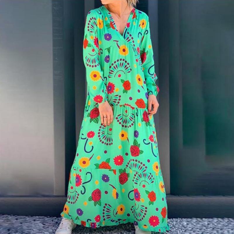 Fashion V-neck Print Stitching Long-sleeved Maxi Dress