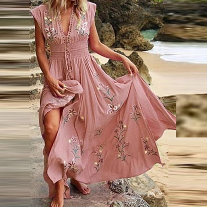 Bohemian Dress 2021 Spring V Neck Tassel Lace-up High Waist Long Party Dress Summer Floral Print Short Sleeve Maxi Beach Dresses