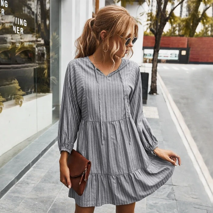 Summer New Boho Dress Casual Loose Striped Mini Dresses Mini Women 2021 Short Beach Dress V-Neck Sundress Femme Vestido