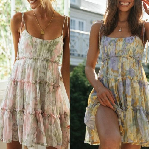 2021 Floral Print Boho Sundress Women Ruffle Summer Dress Casual Beach Short Dress Flower Vintage Dress Women Fashion Clothes