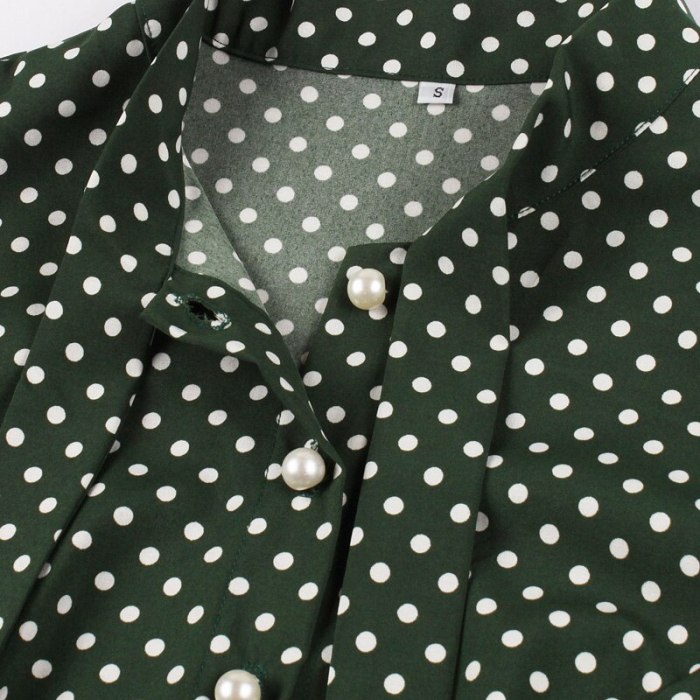 Tonval Bow Tie Neck Button Front Polka Dot Pinup 50s Vintage Shirt Dresses Women A-Line Summer Female Elegant Green Dress