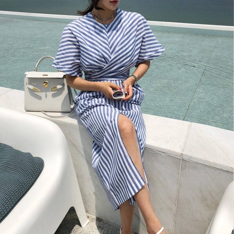 Spring Striped Split Long Dress Women Summer Short Sleeve with Pocket Slim Irregular Dress Female Sashes Bodycon Office Vestidos