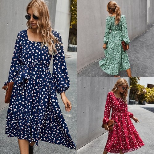 Women Polka Dot Elegant Square Collar Long Sleeve Waist Belt Dress Casual Summer Loose Streetwear Clothes