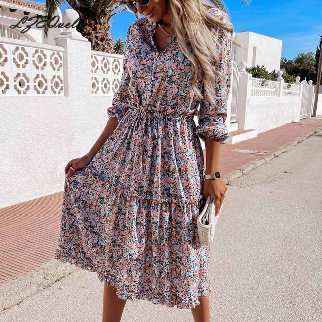 Summer Floral Print Boho Dress Women Long Sleeve V Neck Ruffles Pleated Dresses Party Holiday Sashes Dresses Vestidos