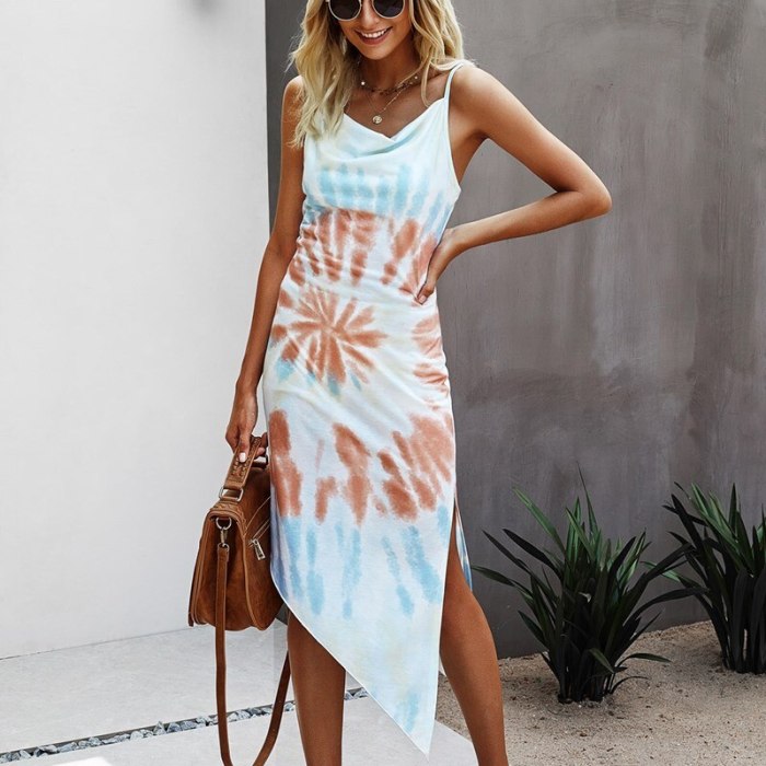 Women Tie dye Printing Dress Sexy Spaghetti Strap Summer Irregular Split Party Dresses