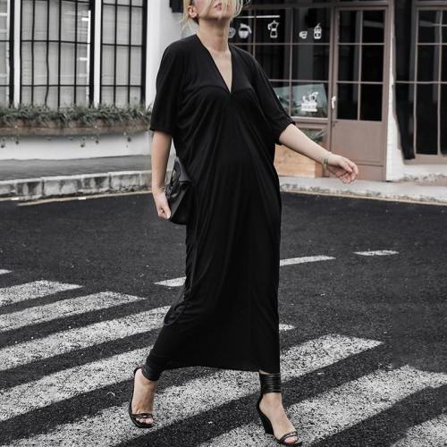 Fashion V-neck Solid Color Casual Maxi Dress