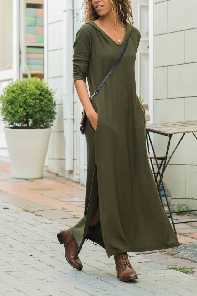 Casual Pure Color V Neck Long And Thin Hooded Maxi Dress
