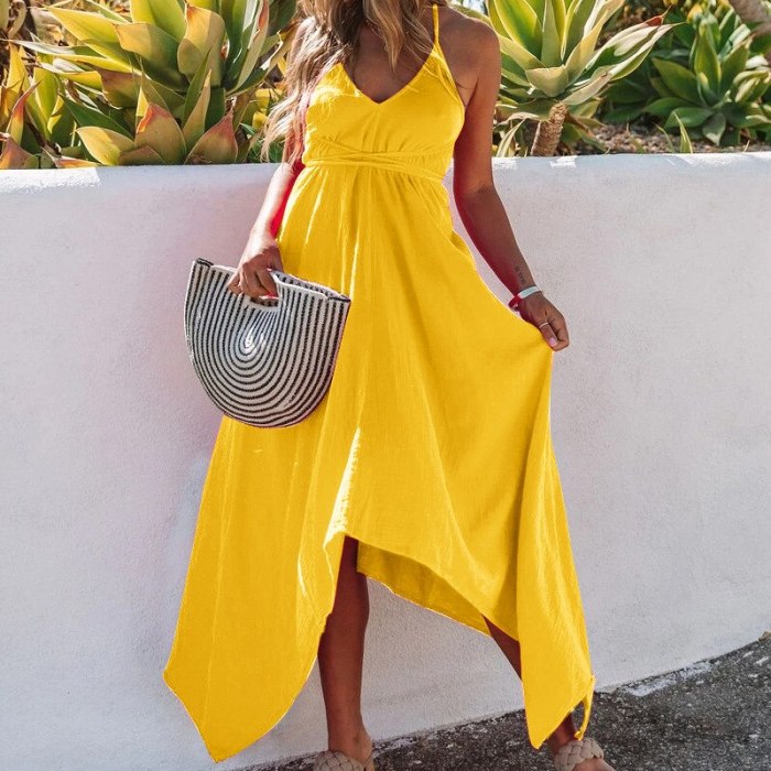 European American Women's Clothing 2021 Summer New Solid Color V-neck Halter Lace Irregular Sling Dress Women Yellow Dress