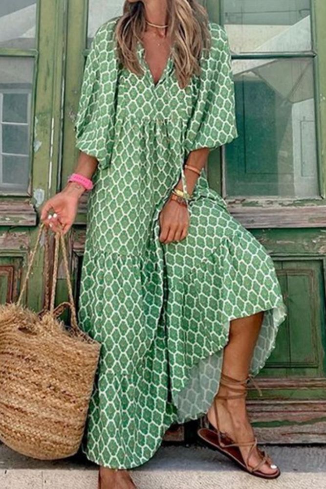 2021 New Printed Long Sleeve Loose Bohemian Dress Women V Neck Boho Long Dress Casual Party Holiday Wear Femme Robes Green