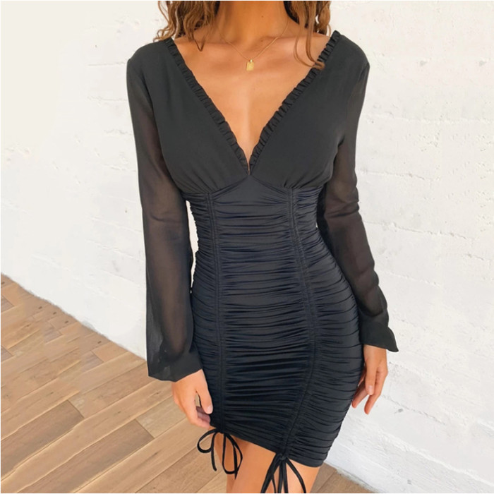 Women Long Sleeve Chiffon Dress Pleated Bodycon Dress