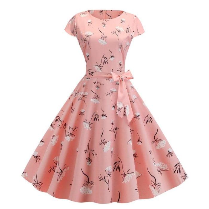 Pink Dot Summer Dress 2020 New Fashion Short Sleeve O-neck 50s 60s Retro Vintage Pinup Rockabilly Knee-Length Dress Casual Swing