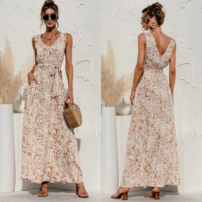 2021 Fashion Spaghetti Strap Maxi Dress Summer Women Floral Print V Neck Sexy Sleeveless Backless Long Dresses Elegant Vestidos