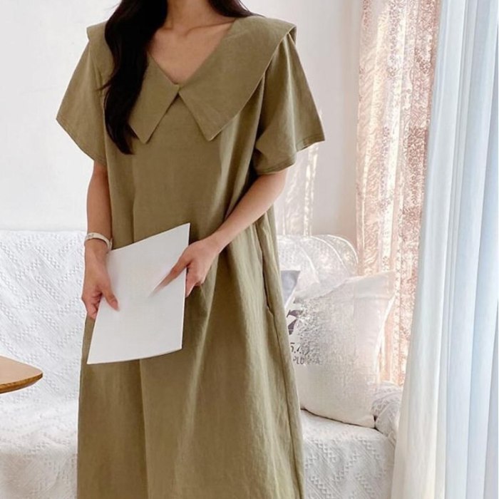 2021 Summer New Korean Simple Pure Color Dress Loose Thin Casual All-match Temperament Women Short-sleeved Dresses Robe