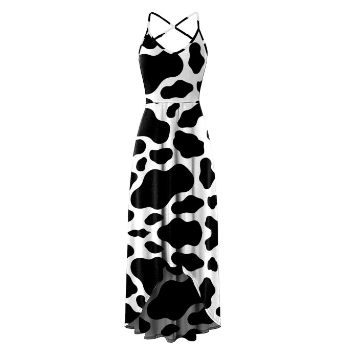 Women's Fashion Casual V-Neck Sleeveless Strap Open Back Sexy Print Dress