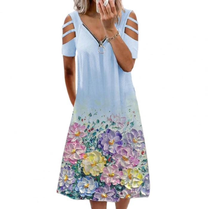 Hot Sales Women Dress Flower Print Loose Summer Short Sleeve V Neck Dress for Dating