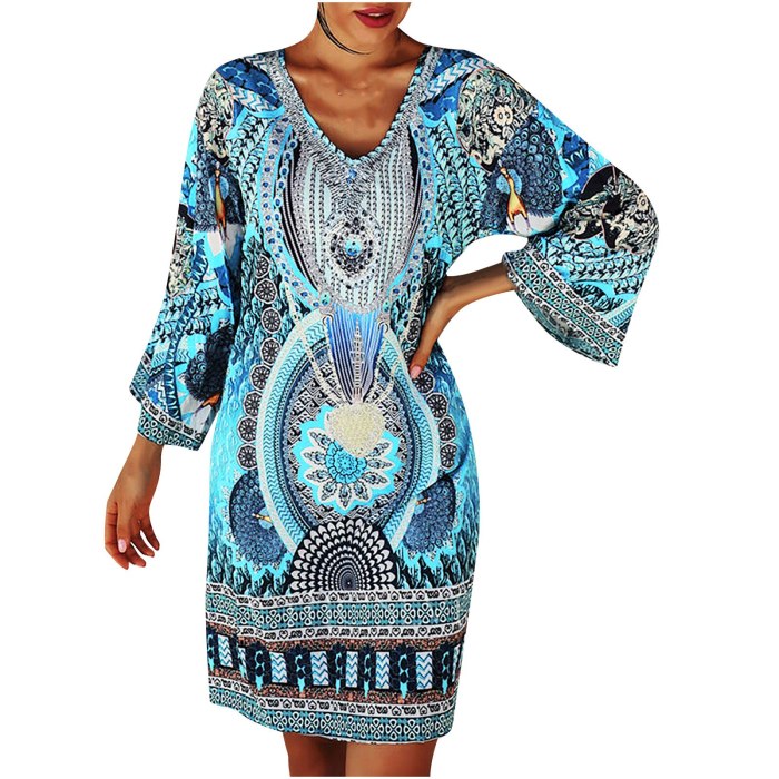 Summer Clothes For Women Women’s Fashion Dress Long Sleeve V-neck Printed Casual Mini Dress