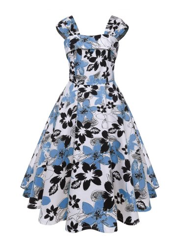 1950s Floral Square Neck Swing Dress