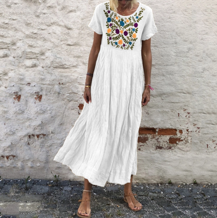 Summer Vintage Short Sleeve Round Neck Embroidered Casual Maxi Dress
