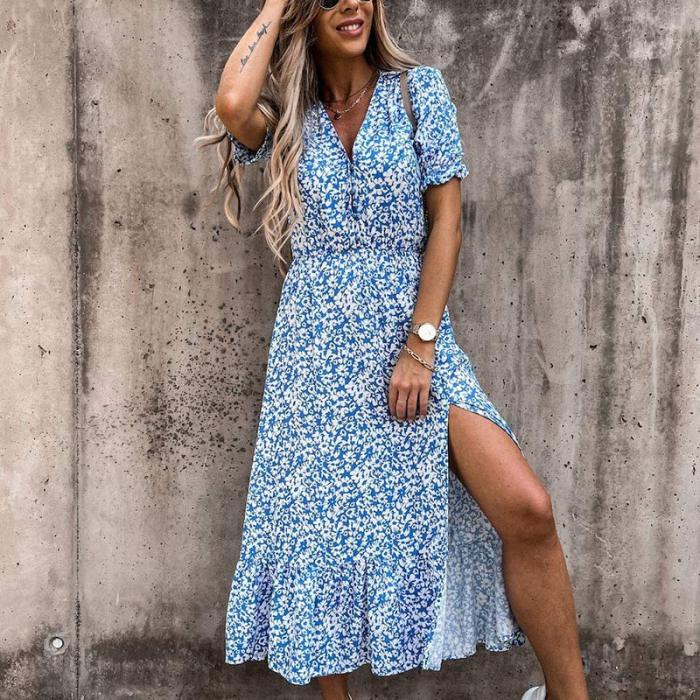 Sexy V-neck Split Floral Print Shirt Dresses 2021 Casual Long Sleeve Boho Summer Beach Dress Women Lace-Up Maxi Dress Vestidos