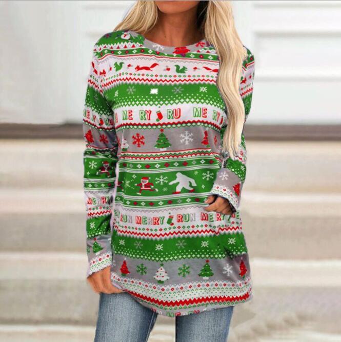 Women Fashion Christmas Reindeer Snowflake Print Long Sleeve Sweater