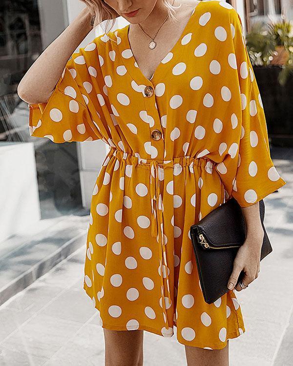 Sexy Button V Neck Straight Half Sleeve Polka Dot Mini Dresses