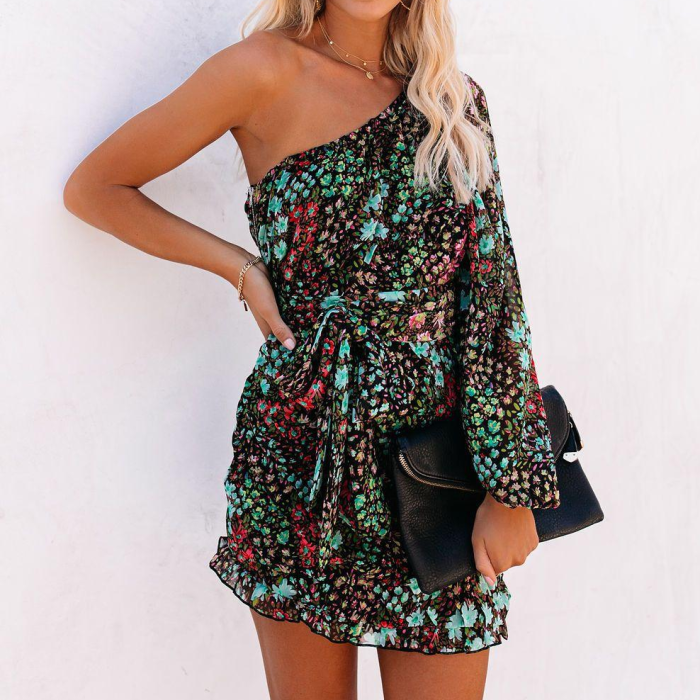 Sexy Ruffle Daisy Print Short Bodycon Dress Autumn Party Leopard Shirred Women Dress Off Shoulder Casual Daily Dress