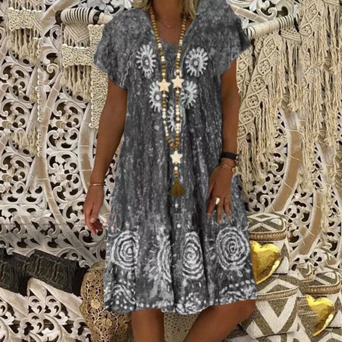 Vintage Dress Women Boho Print V-neck Big Swing Short Sleeve Loose Short Dress Sundress Kobieta Sukienka Plus Size Women Dresses