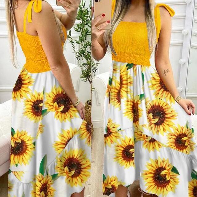 New Style Sling Stitching Printing Irregular Tube Top Dress Sexy Sleeveless Floral Print Big Swing Maxi Dresses For Women 2021