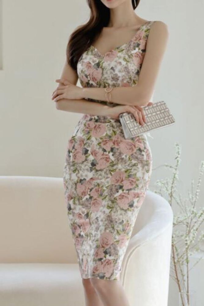 Summer New Elegant Floral Printed Party Night Club Dress Sexy Sleeveless V-neck Backless Bow Slim Pencil Dresses 2021