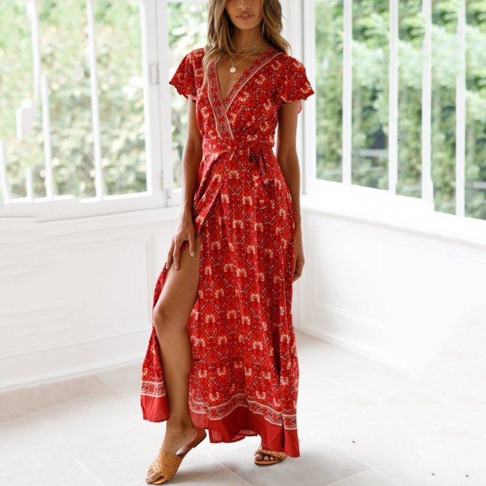 Printed Slit V-Neck Short-Sleeve Vacation Maxi Dress