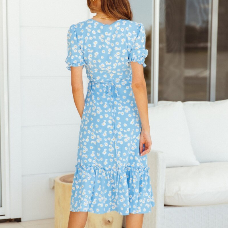 Blue Floral Print Elegant Dress 2021 V Neck Puff Sleeve Pleated Dresses Women Summer Beach Dress Midi Wrap Sundress Robe Femme