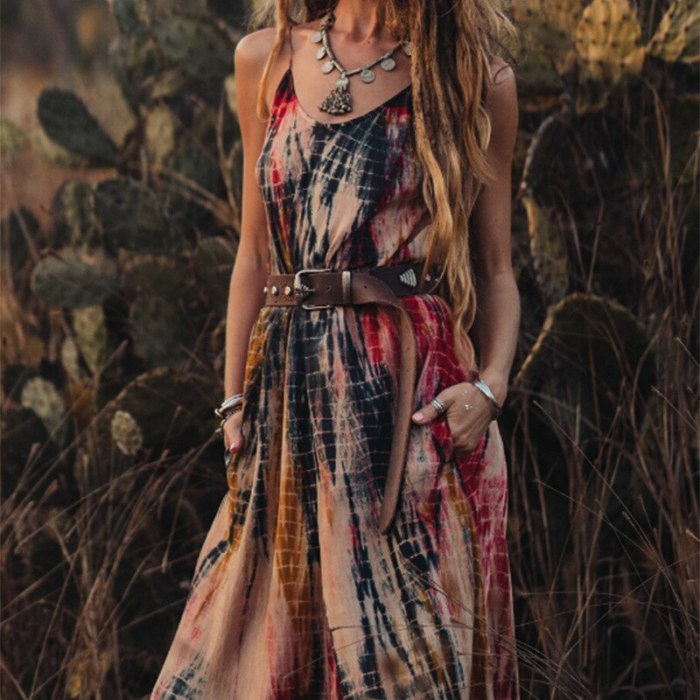 Casual Bohemian Women Dress 2021 Summer Fashion Print O-neck Spaghetti Straps Long Dresses